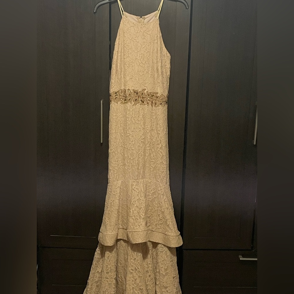 Beige dress with gold embedded belt